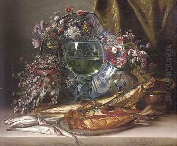 Fish on a platter, vases of summer blooms, a goblet of wine before a salver and a drape Oil Painting by Louis Verboeckhoven