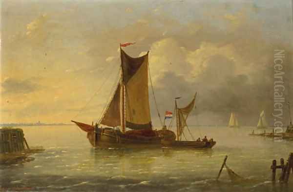 Sailing vessels in a harbour entrance Oil Painting by Louis Verboeckhoven