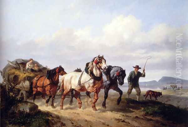 Horses Pulling A Hay Wagon In A Landscape Oil Painting by Wouterus Verschuur