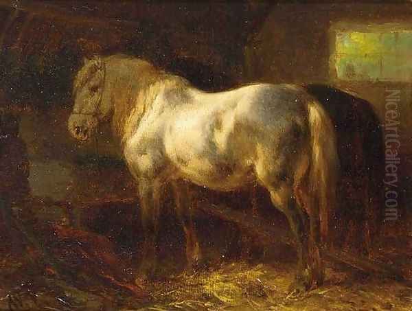 Horses in a Stable Oil Painting by Wouterus Verschuur