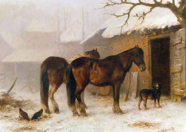 Horses in a Snow Covered Farm Yard Oil Painting by Wouterus Verschuur