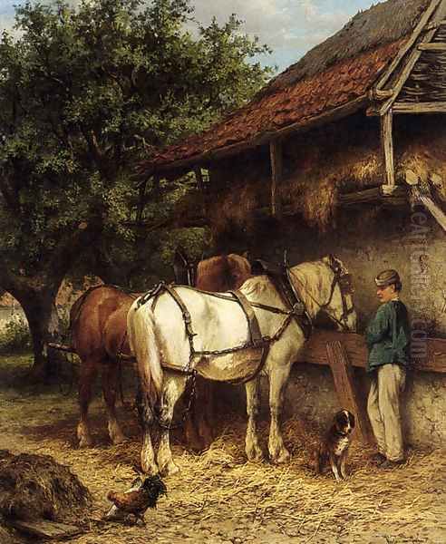 Two Horses By A Stable Oil Painting by Wouterus Verschuur