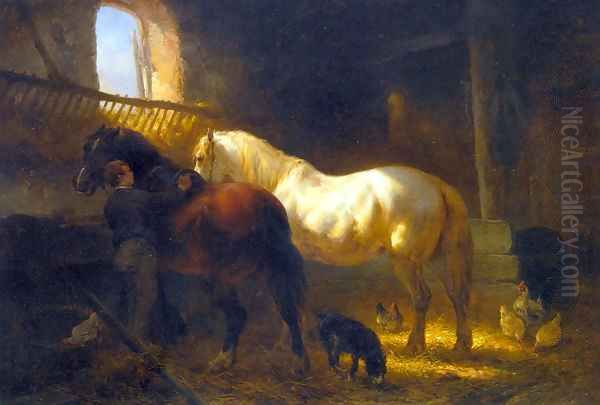 Horses in a Stable 2 Oil Painting by Wouterus Verschuur