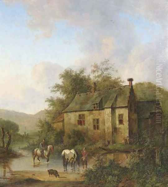 Het Huis te Boxtel met paarden in een wed Oil Painting by Wouterus Verschuur