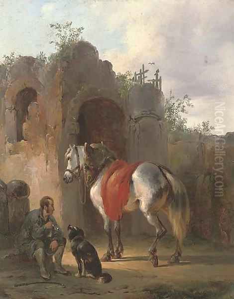 A traveller resting at the ruins Oil Painting by Wouterus Verschuur