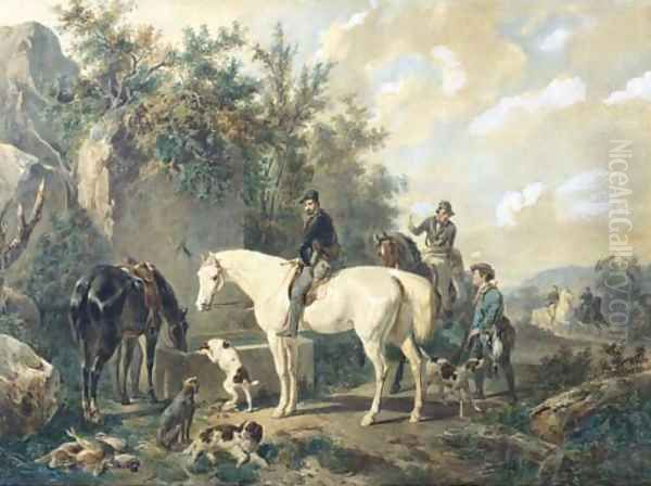 Taking a break horses watering after a hunt Oil Painting by Wouterus Verschuur