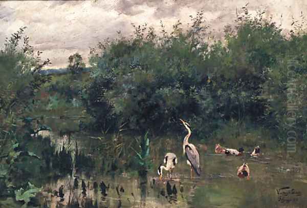 Herons and Ducks in a Lake Oil Painting by Geza Vastagh