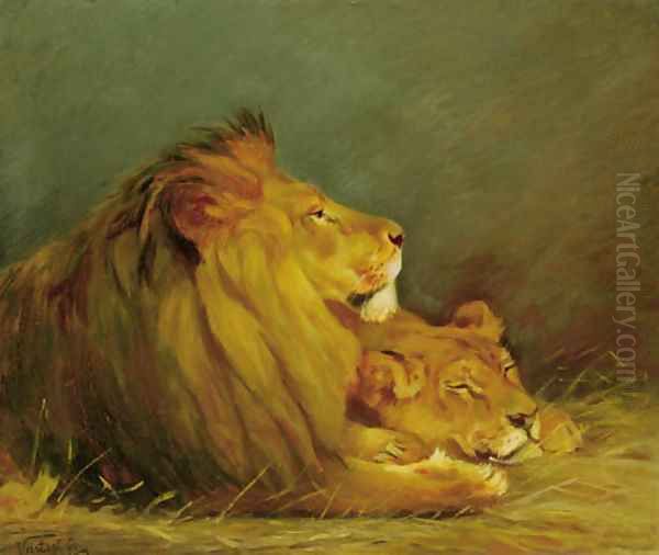 Lions at Rest Oil Painting by Geza Vastagh