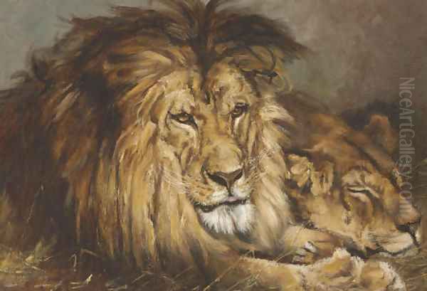 Sketch for 'Lion and Lioness Resting' Oil Painting by Geza Vastagh