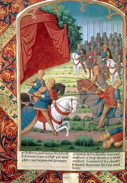 Sir Galahad helping his father, Sir Lancelot, fight twenty knights, before disappearing into the forest without saying who he was, from Lancelot du Lac, c.1490 Oil Painting by Antoine Verard