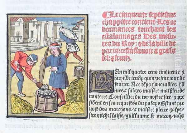 Measuring Mortar or plaster, from Ordonnances Royaux de la Juridiction de la Prevote des Marchands de la Ville de Paris, published in 1528 Oil Painting by Antoine Verard