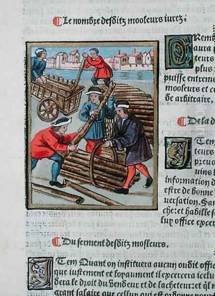 The Mouleur, worker employed to control and measure wood sales, from Ordonnances Royaux de la Juridiction de la Prevote des Marchands de la Ville de Paris, 1528 Oil Painting by Antoine Verard