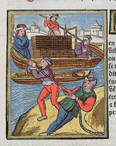 Wood transport on the River Seine, from Ordonnances Royaux de la Juridiction de la Prevote des Marchands de la Ville de Paris, 1528 Oil Painting by Antoine Verard