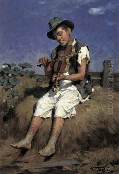 Fiddler Gypsy Boy Oil Painting by Gyorgy the Elder Vastagh