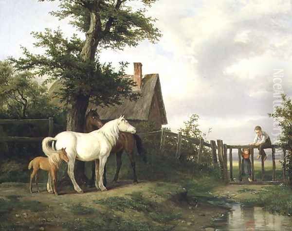 Children and Horses by a Stream Oil Painting by Pierre Vernet