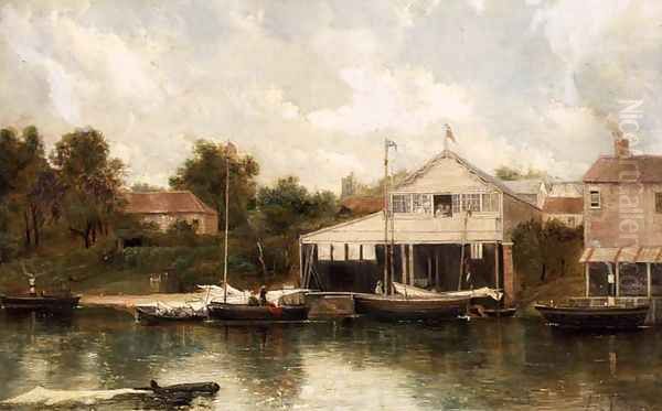 Rivercraft before a Boathouse, Richmond on Thames Oil Painting by A.H. Vickers