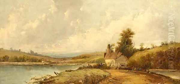 A cottage on the bend of a river Oil Painting by A.H. Vickers