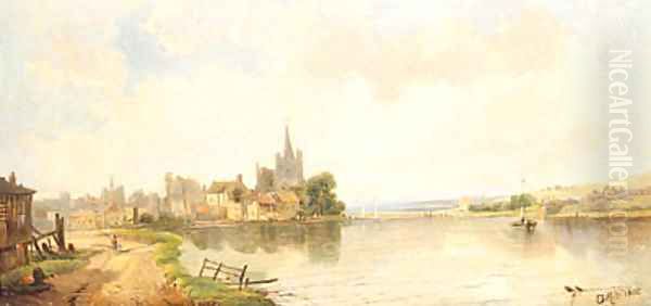 Figures On A Lakeside Path, A Town Beyond Oil Painting by A.H. Vickers