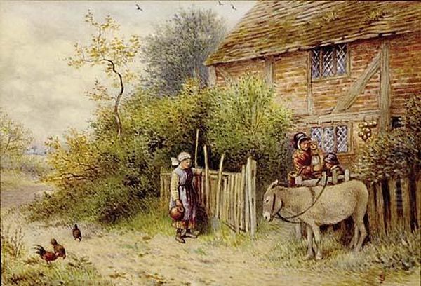 Farmyard Scene Women Child And Donkey Oil Painting by Myles Birket Foster