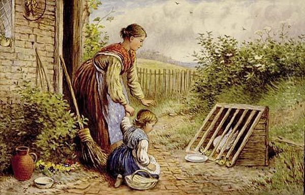 Garden Scene With Mother And Young Child Oil Painting by Myles Birket Foster