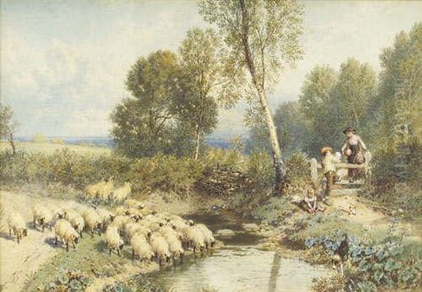 R.w.s. Summer Landscape With 
Children Beside A Wooden Stile, A Dog And Sheep Watering Beside A 
Stream, An Extensive Landscape Beyond Signed With The Artist's Monogram,
 Also Inscribed With The Artist's Name On The Original Frame, Together 
With Biog Oil Painting by Myles Birket Foster