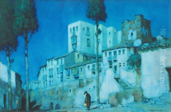 A Spanishtown, Moonlight Oil Painting by Albert Moulton Foweraker