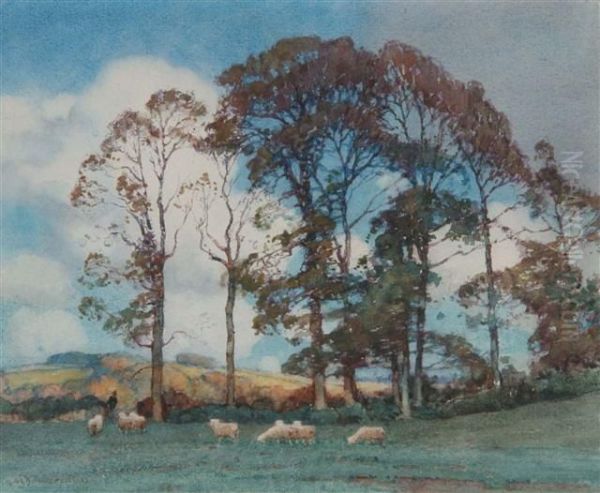 Landscape With Shepherd And Grazingsheep by Albert Moulton Foweraker