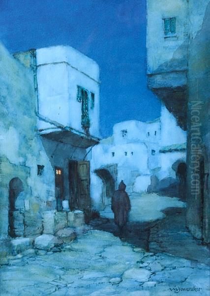 A Moonlit Street, North Africa Oil Painting by Albert Moulton Foweraker