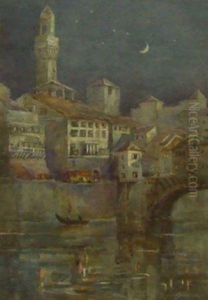 Continental Town By Moonlight Oil Painting by Albert Moulton Foweraker