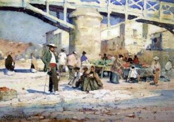 Spanish Market Beneath A Bridge Oil Painting by Albert Moulton Foweraker