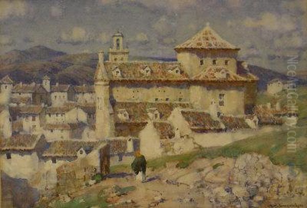 Spanish Village, Watercolour Signed 24cm X 34cm Oil Painting by Albert Moulton Foweraker