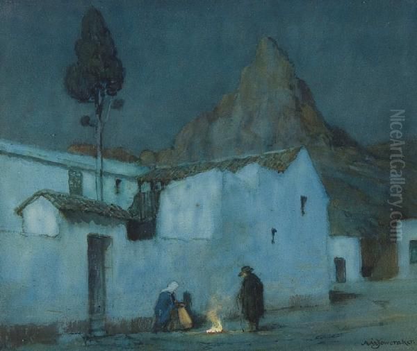 Moonlit Street Scene With Figures Beside A Fire Oil Painting by Albert Moulton Foweraker