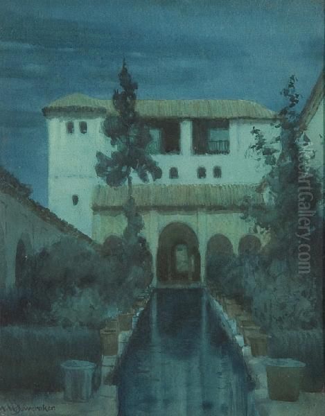 Moonlit Villa Oil Painting by Albert Moulton Foweraker