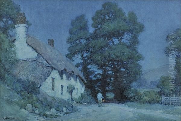 Figure With A Lamp By A Moonlit Cottage, Signed, Watercolour Oil Painting by Albert Moulton Foweraker