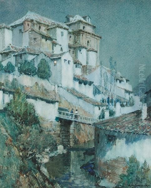 A Dusk Scene With Houses Beside A River Inspain Oil Painting by Albert Moulton Foweraker