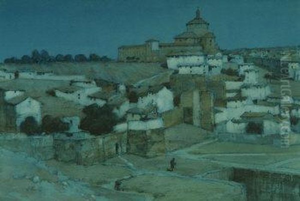 Toledo, Spain, Figure Before The Township At Dusk Oil Painting by Albert Moulton Foweraker