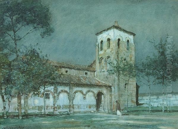 A Continental Square And Church By Moonlight Oil Painting by Albert Moulton Foweraker