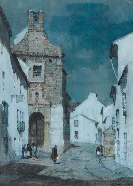 An Evening Street Scene, Spain Oil Painting by Albert Moulton Foweraker