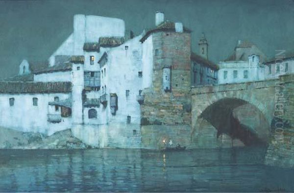 A Spanish Riverside Town By Moonlight Oil Painting by Albert Moulton Foweraker