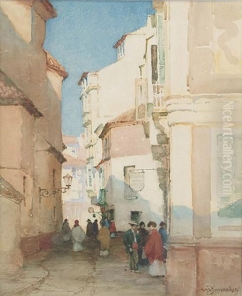 Figures In A Street Oil Painting by Albert Moulton Foweraker