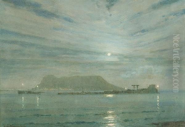 Gibralter From Algeciras Oil Painting by Albert Moulton Foweraker