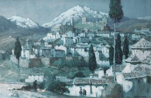 A Spanish Mountainous Village By Moonlight Oil Painting by Albert Moulton Foweraker