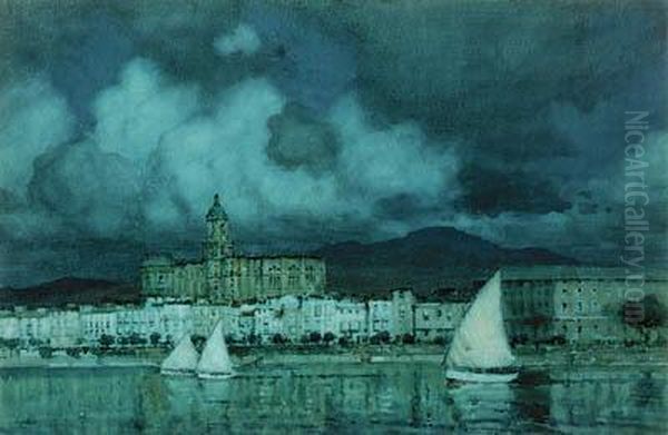 Malaga From The Mole Oil Painting by Albert Moulton Foweraker