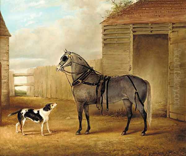 A saddled grey horse and a dog by a barn Oil Painting by John Vine