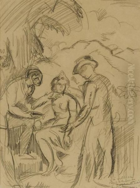 Trois Personnages Dans Un Jardin A Roccasparvera Oil Painting by Emile-Othon Friesz