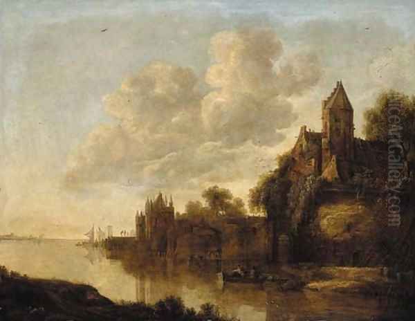 A castle by a river with fishermen in a rowing boat, at sunset Oil Painting by Adriaen Hendricksz Verboom