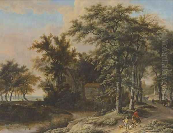 A wooded landscape with hunters on a path Oil Painting by Adriaen Hendricksz Verboom