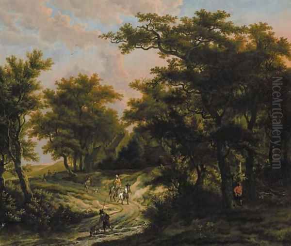 A wooded landscape with hunters by a cottage Oil Painting by Adriaen Hendricksz Verboom