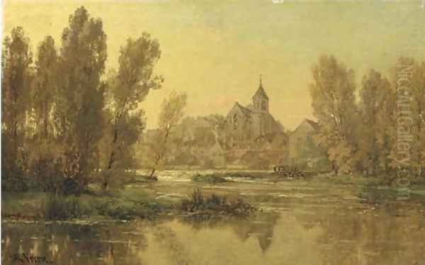 Eglise de Montigny-sur-Loing, Seine et Marne view on the church of Montigny Oil Painting by Alexandre Rene Veron