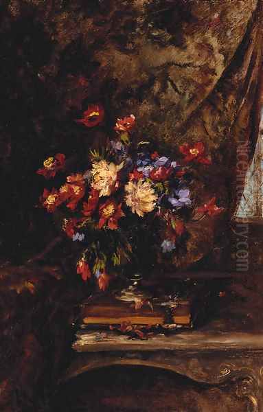 A Vase Of Mixed Flowers On A Book In An Interior Oil Painting by Alexandre Rene Veron